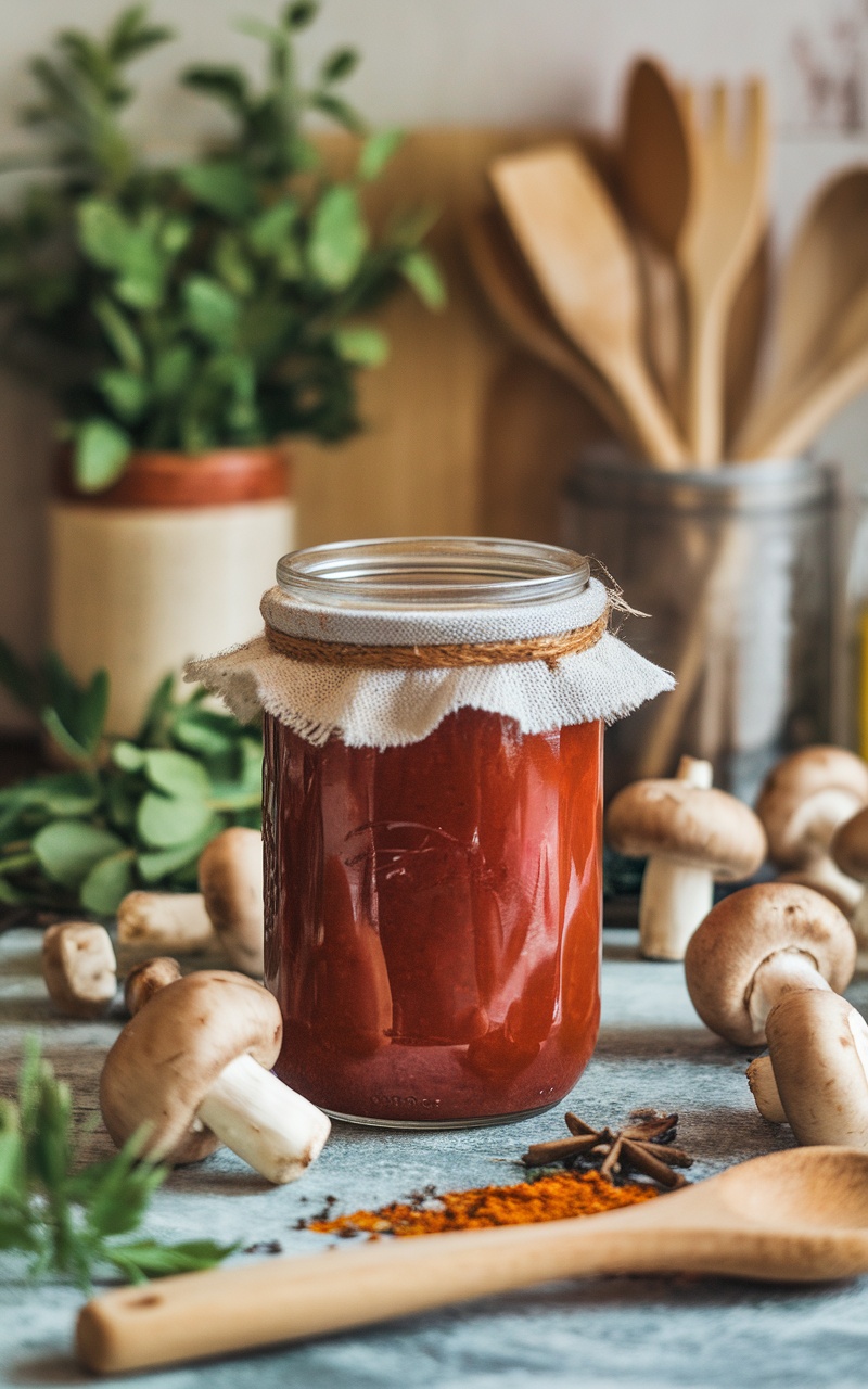 A jar of rich mushroom ketchup surrounded by fresh mushrooms and spices on a rustic kitchen table.